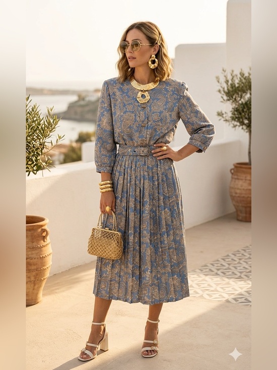 Breli Originals Dresses & Skirts - Vintage Breli Originals Paisley Pleated Midi Dress 10 Blue Cottagecore 80s USA